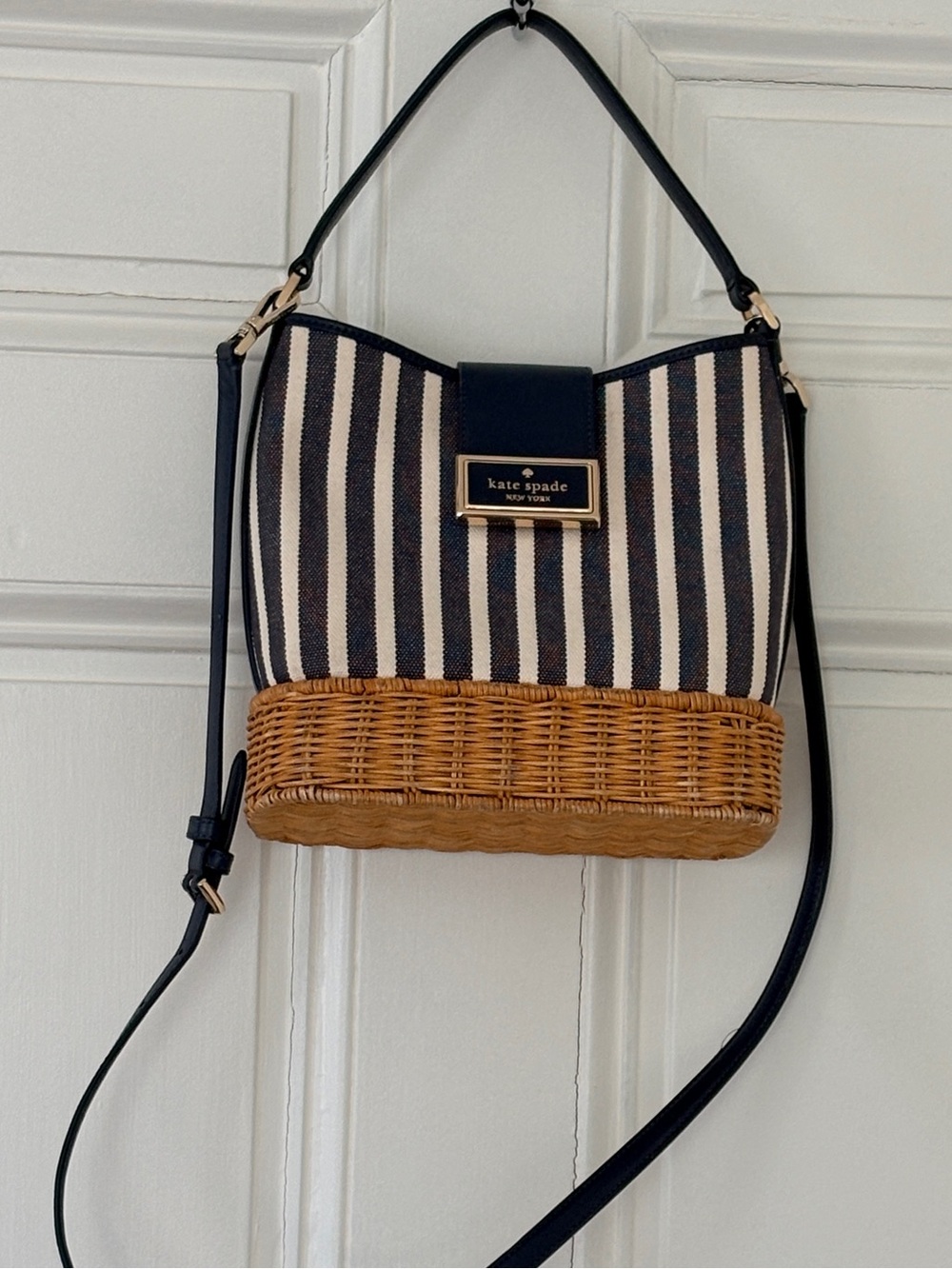 Kate Spade Reegan Canvas/Wicker Bucket Bag in Blue and White Stripes. In Demand!